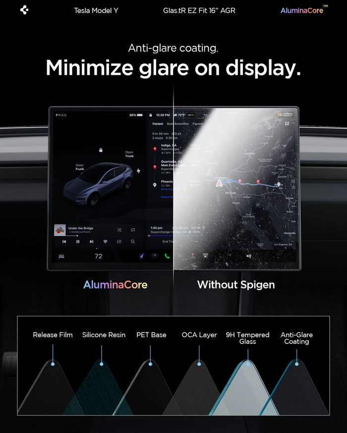 AGL10819 - Model Y Juniper (2025+) Screen Protector GLAS.tR EZ Fit | Anti-Glare 16 inch showing minimize glare on display.