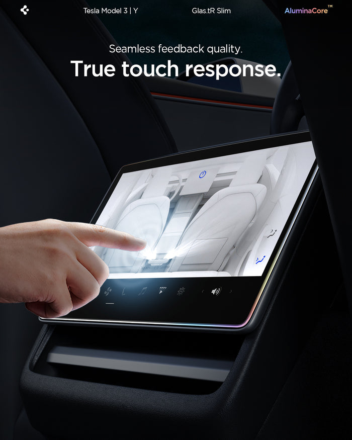 AGL10655 - Tesla Series Screen Protector Glas.tR SLIM (Rear) showing seamless touch response on Tesla Model 3 Y.