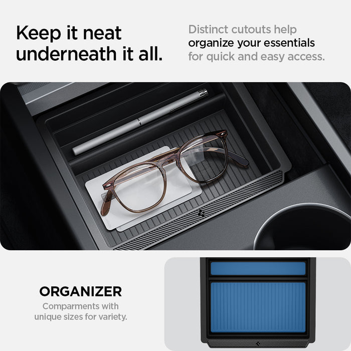 ACP07785 - Tesla Model 3 Highland Center Console Organizer Tray TO220SH in Black showing keep it neat underneath it all