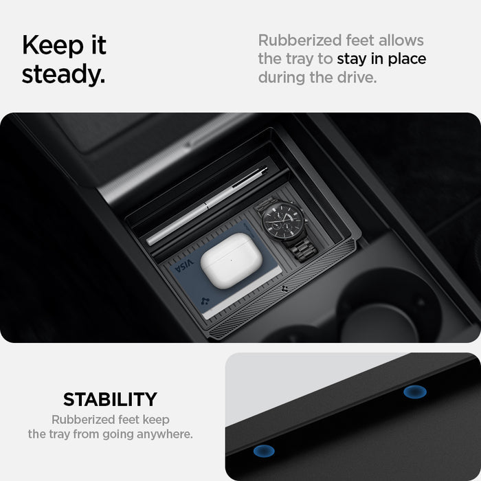 ACP07785 - Tesla Model 3 Highland Center Console Organizer Tray TO220SH in Black showing keep it steady