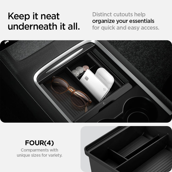 ACP04508 - Tesla Model y & 3 Center Console Organizer Tray in black showing keep it neat underneath it all