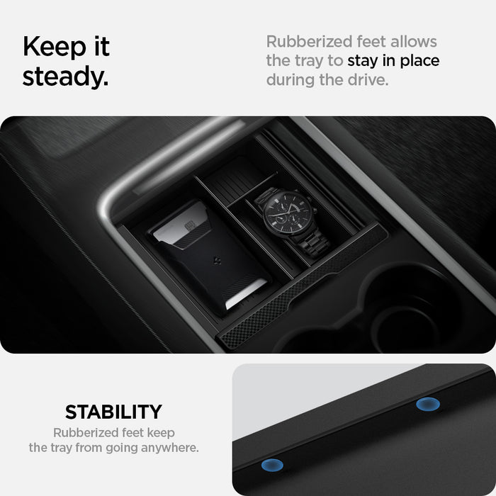 ACP04508 - Tesla Model y & 3 Center Console Organizer Tray in black showing keep it steady
