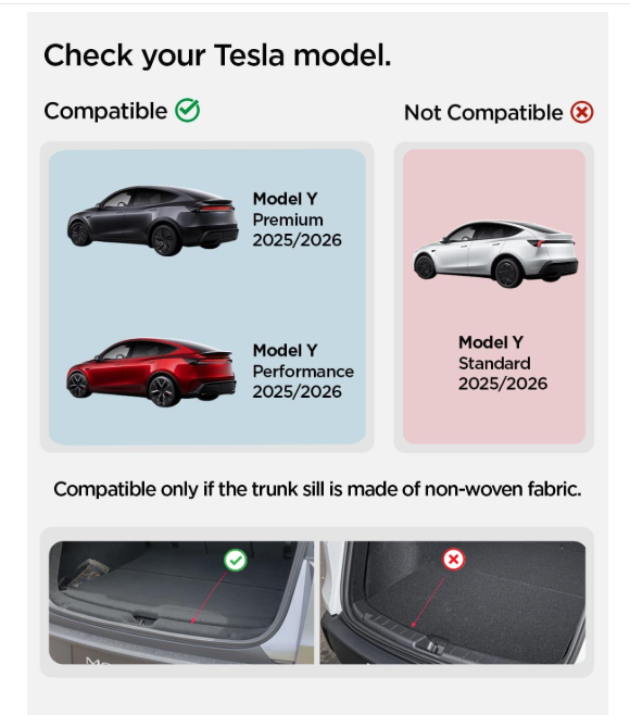 ACP09759 - Tesla Model Y Juniper Trunk Sill Guard | TG100-YJ in black showing compatible only if the trunk sill is made of non-woven fabric.