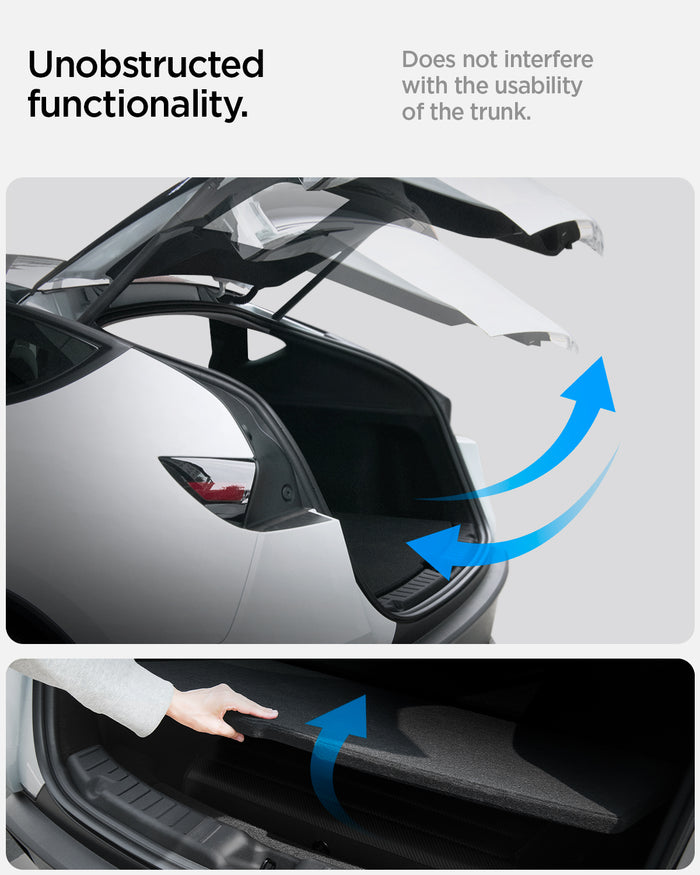 ACP09759 - Tesla Model Y Juniper Trunk Sill Guard | TG100-YJ in black showing the unobstructed functionality