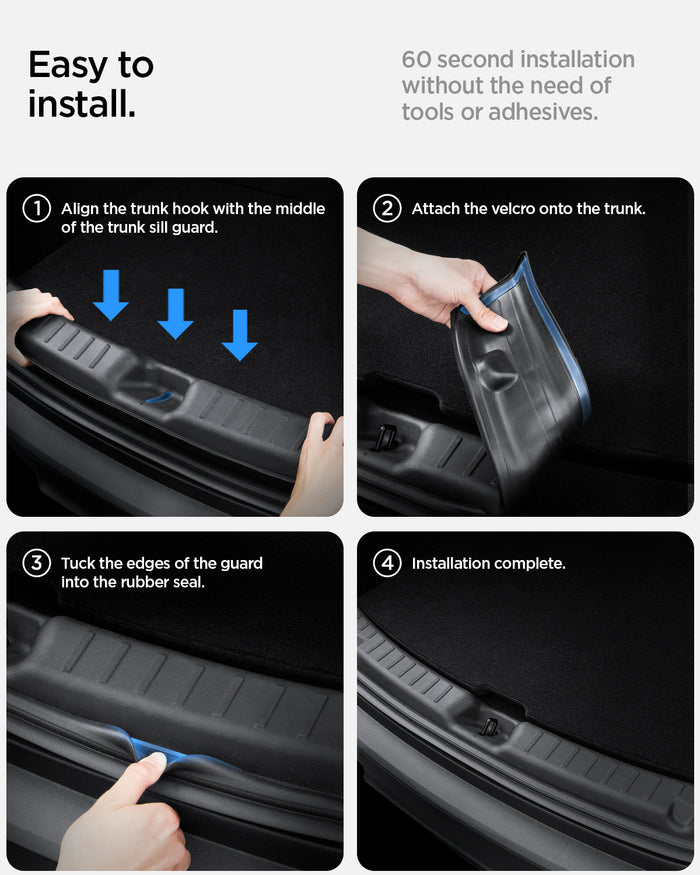 ACP09759 - Tesla Model Y Juniper Trunk Sill Guard | TG100-YJ in black showing the easy to install instructions