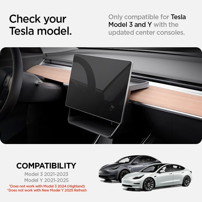 ACP07280 - Tesla Model Y & 3 Under Screen Organizer TO227 in Black showing the Check your Tesla model, only compatible for Tesla model 3 and Y with the updated center consoles compatible with Model 3 2021-2023 and Model Y 2021-2025 but does not work with Model 3 2024 (Highland) and Model Y 2025 (Refresh)