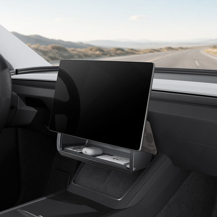 ACP11105 - Tesla Series - Under Screen Organizer | TO227JH showing under screen organizer installed below Tesla touchscreen with airpods case and cards stored inside