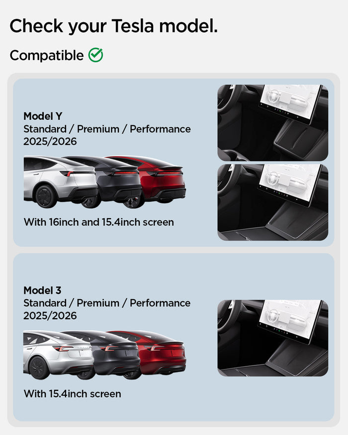 ACP11105 - Tesla Series - Under Screen Organizer | TO227JH showing Tesla Model Y and Model 3 compatibility chart with screen size reference for 2025 and 2026 trims