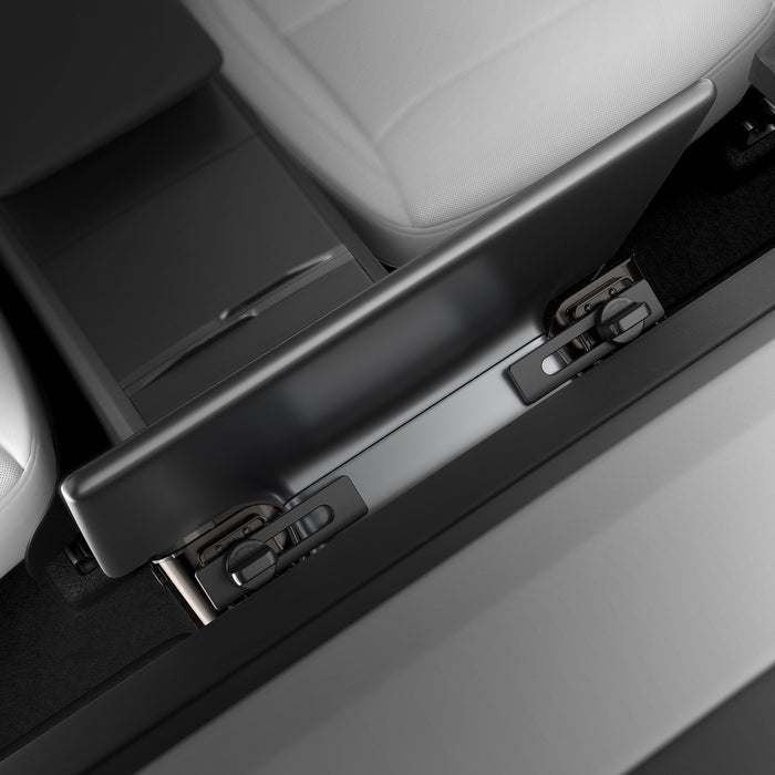ACP11105 - Tesla Series - Under Screen Organizer | TO227JH showing under screen organizer mounted beneath Tesla center console seat rail from side angle