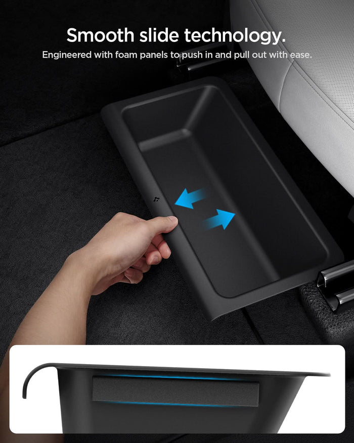 ACP10638 - Model Y Juniper (2025+) 1PK Underseat Organizer Box | TO222J showing smooth slide technology. engineered with foam panels to push in and pull out with ease.