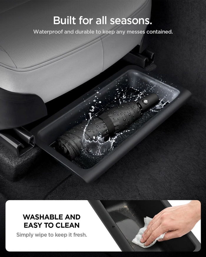ACP10638 - Model Y Juniper (2025+) 1PK Underseat Organizer Box | TO222J showing built for all seasons. washable and easy to clean. simply wipe to keep it fresh