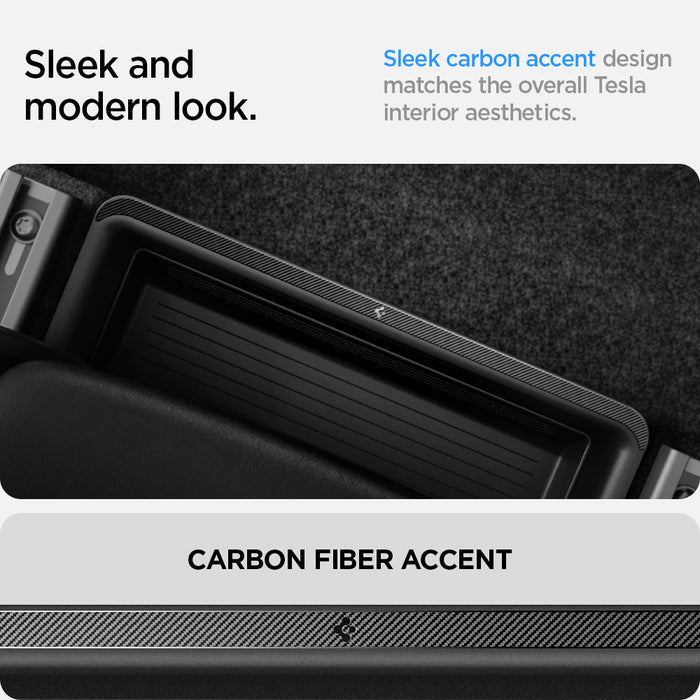 ACP05757 - Model Y (2021-2026) Underseat Storage Box | TO222 showing the sleek and modern look. Sleek carbon accent design matches the overall Tesla interior aesthetics. Carbon Fiber Accent