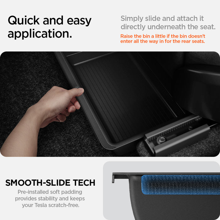 ACP05757 - Model Y (2021-2026) Underseat Storage Box | TO222 showing the quick and easy application. Simply slide and attach it directly underneath the seat.(Raise the bin a little if the bin doesn't enter all the way in for the rear seats) Smooth-Slide Tech. Pre-installed soft padding provides stability and keeps your Tesla scratch-free
