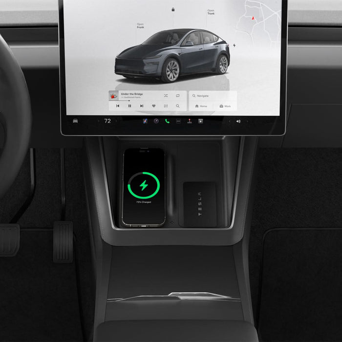 ACP10031 - Model Y (2026) Wireless Charging Pad Cover | TO261JH in Black showing the front installed with device and cards on top