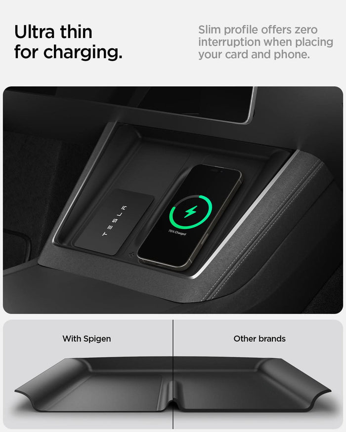 ACP10031 - Model Y (2026) Wireless Charging Pad Cover | TO261JH in Black showing the ultra thin for charging. Slim profile offers zero interruption when placing your card and phone