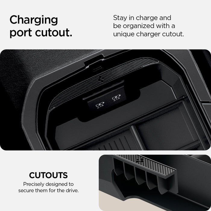 ACP08895 - Toyota Armrest Console Organizer TYO220 in Black showing the charging port cutout. Stay in charge and be organized with a unique charger cutout. Precisely designed to secure them for the drive