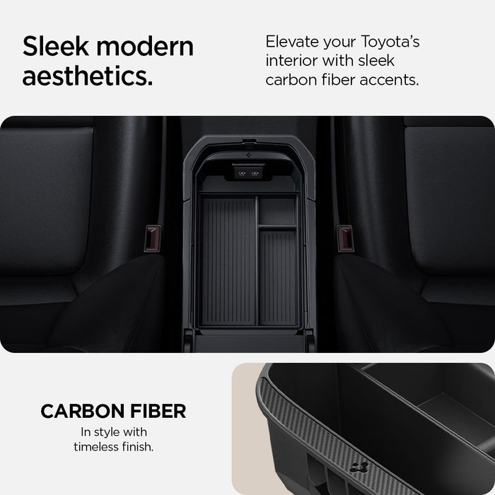 ACP08895 - Toyota Armrest Console Organizer TYO220 in Black showing the sleek modern aesthetics. Elevate your Toyota's interior with sleek carbon fiber accents. In tyle with timeless finish