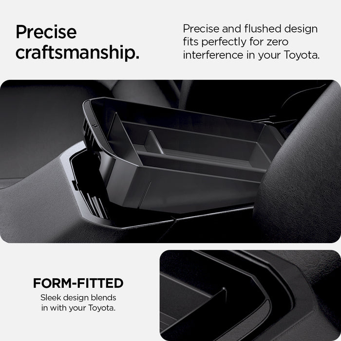 ACP08895 - Toyota Armrest Console Organizer TYO220 in Black showing the precise craftsmanship. Precise and flushed design fits perfectly for zero interference in your Toyota. Form-Fitted, sleek design blend in with your Toyota