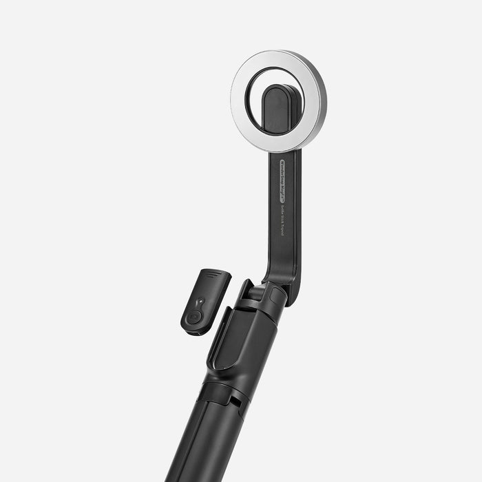 AMP07659 - Tripod Selfie Stick (Mag Fit) | S580W in Black showing the MagSafe mount head and Bluetooth remote of the S580W selfie stick tripod in close-up detail against a light gray background.