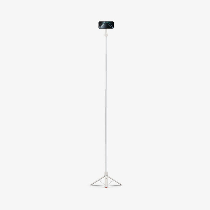 AMP09535 - s581w selfie stick magfit in dune beige showing the front of the device, attached to a selfie stick, extended with a stand