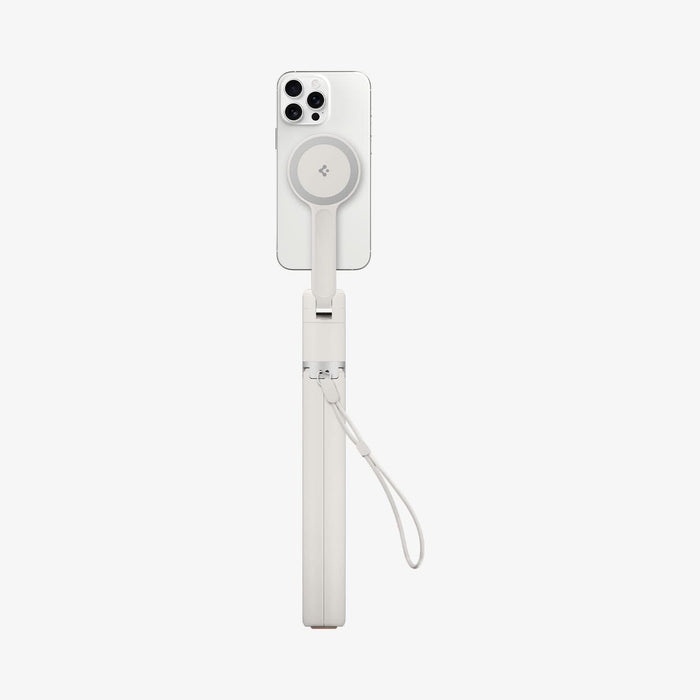 AMP09535 - s581w selfie stick magfit in dune beige showing the back with a device attached to a selfie stick