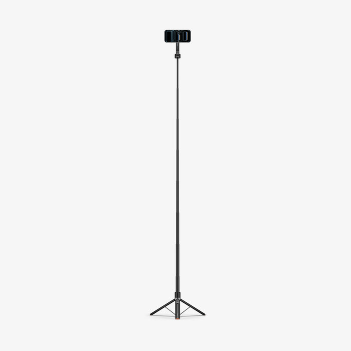 AMP11372 - Selfie Stick | S582W in Black showing a fully extended telescopic pole with tripod base supporting a mounted smartphone for hands-free shooting.