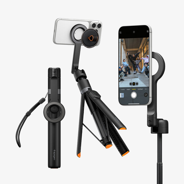 AMP11372 - Selfie Stick | S582W in Black showing multiple configurations including handheld, tripod, and extended modes with a mounted smartphone for versatile shooting.