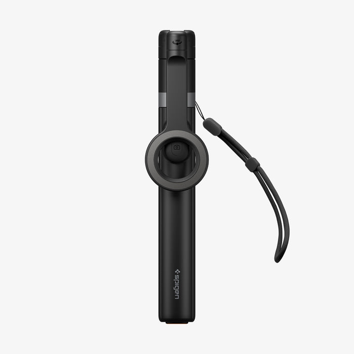 AMP11372 - Selfie Stick | S582W in Black showing a folded compact design with integrated magnetic mount and wrist strap for easy portability.