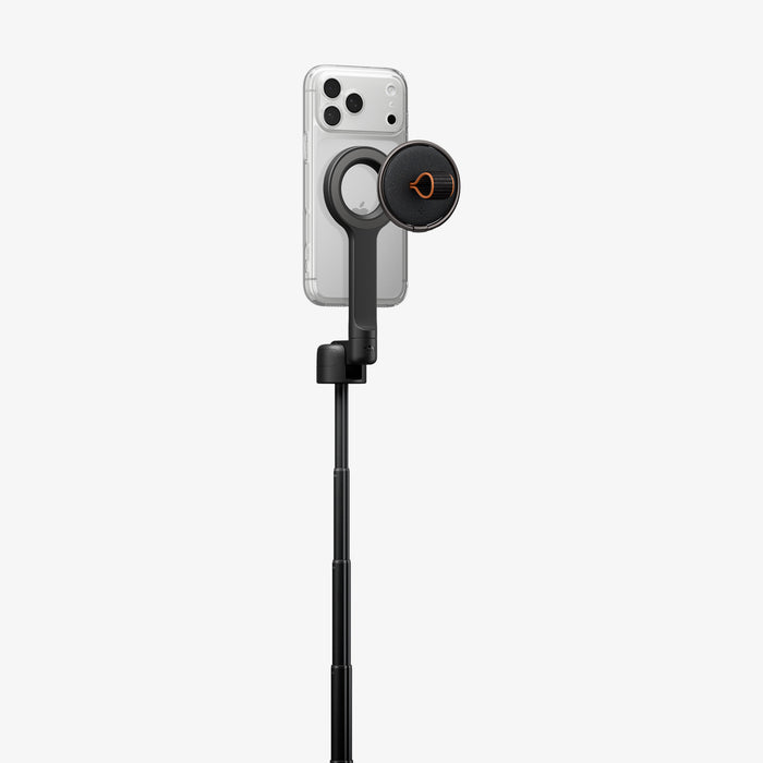 AMP11372 - Selfie Stick | S582W in Black showing an extended pole with mounted smartphone and magnetic remote attached for convenient wireless shooting.