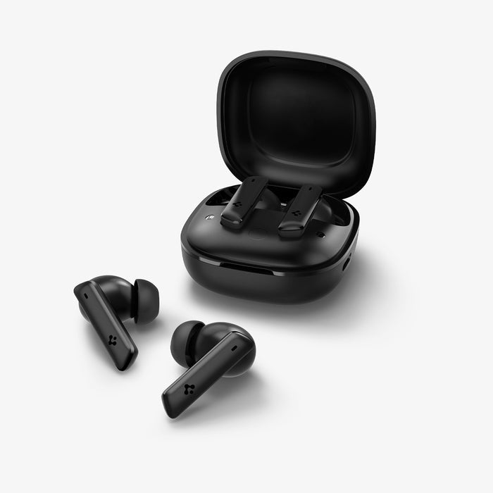 ASD07888 - Spigen True Wireless Earbuds SA2402 in Black showing the  front and partial bottom with 2 buds inside and 2 on the outside