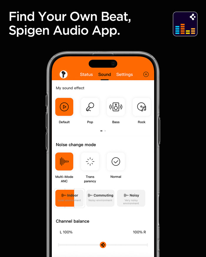 ASD07888 - Spigen True Wireless Earbuds SA2402 in Black showing finding your own beat, Spigen Audio App.