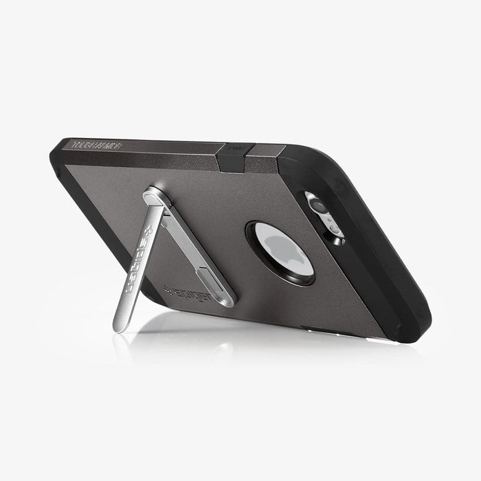 000EM20634 - U100 Universal Kickstand (Metal) in silver showing the phone propped up by kickstand attached to back of device