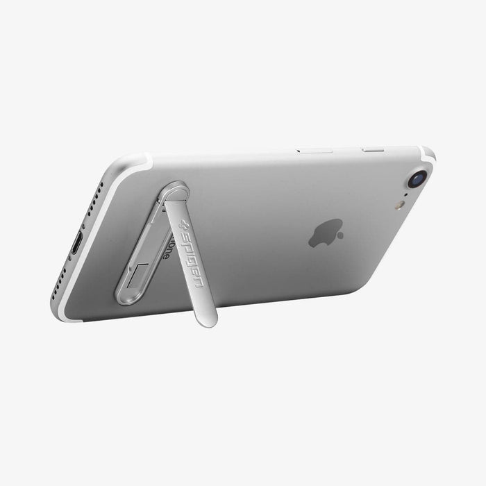 000EM20634 - U100 Universal Kickstand (Metal) in silver showing the phone propped up by kickstand attached