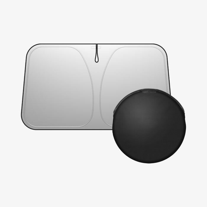 ACP11459 - Universal CryoShade UO260 S showing sunshade laid flat next to compact round black storage pouch on white background