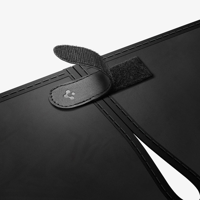 ACP11459 - Universal CryoShade UO260 S showing close-up of velcro strap and branded leather tab fastener on black fabric edge