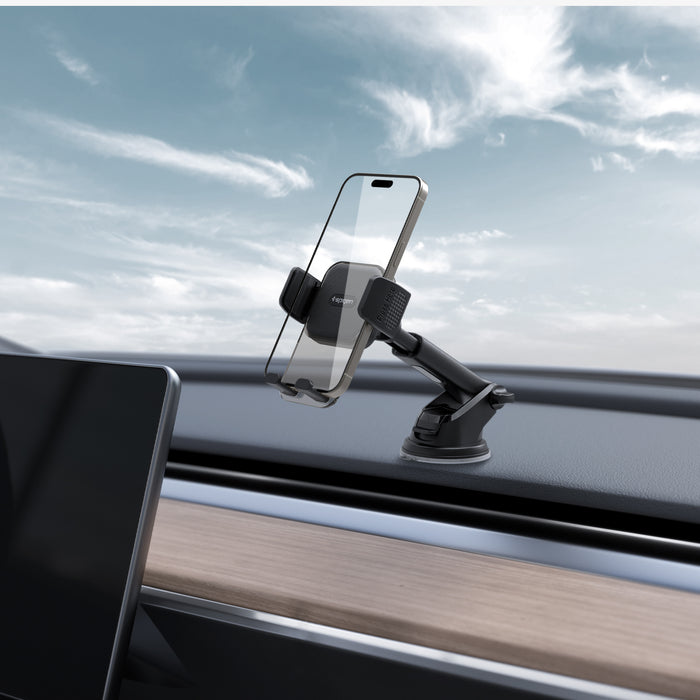 ACP08312 - Universal Dashboard Car Mount | TS35-1 showing car mount with phone secured in vertical position on dashboard with suction cup base and textured grip pad in car interior
