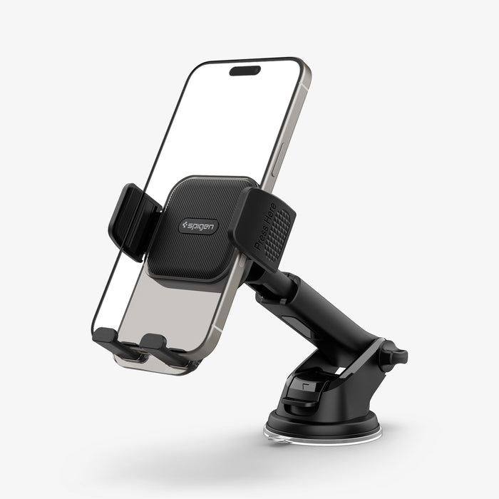 ACP08312 - Universal Dashboard Car Mount | TS35-1 showing angled front render of car mount with phone inserted displaying Press Here button textured grip pad suction cup base and adjustable arm