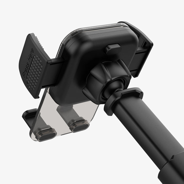 ACP08312 - Universal Dashboard Car Mount | TS35-1 showing angled rear close-up render of car mount head with Press Here button ball joint connector and telescopic arm attachment
