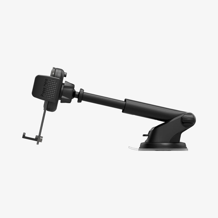 ACP08312 - Universal Dashboard Car Mount | TS35-1 showing side profile render of car mount without phone featuring fully extended telescopic arm Press Here release button and suction cup base