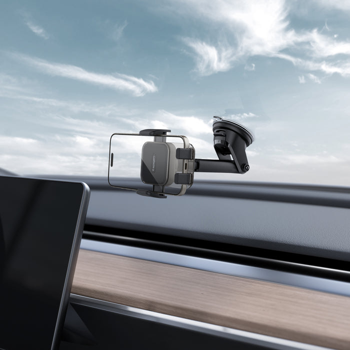 ACP08312 - Universal Dashboard Car Mount | TS35-1 showing car mount with phone in horizontal position on dashboard suction cup base with extended telescopic arm in car interior