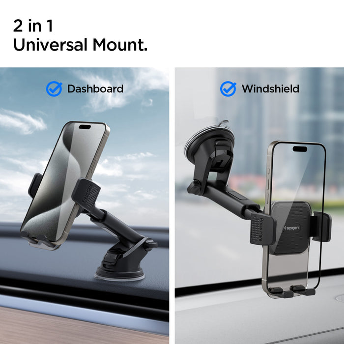 ACP08312 - Universal Dashboard Car Mount | TS35-1 showing car mount with phone secured in vertical position on dashboard with suction cup base and textured grip pad in car interior