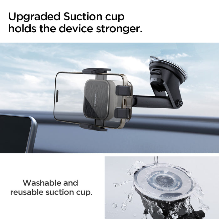 ACP08312 - Universal Dashboard Car Mount | TS35-1 showing car mount with phone in horizontal position on dashboard suction cup base with extended telescopic arm in car interior