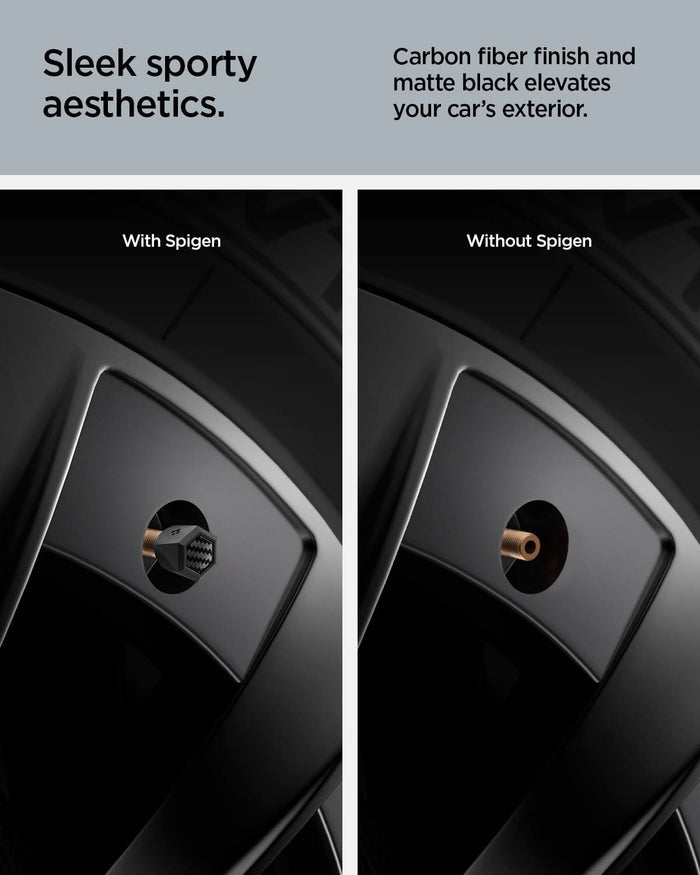 ACP09331 - Tesla Series Valve Stem Cover VS100 showing sleek sporty aesthetics. carbon fiber finish and matte black elevates your car's exterior