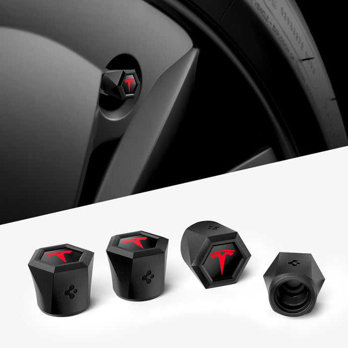 ACP11371 - Universal Tire Valve Stem Cap | VS100TS/R in Red showing black hexagonal valve caps with red Tesla logo installed on a wheel and displayed from multiple angles.