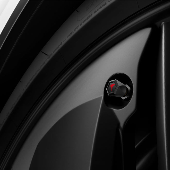 ACP11371 - Universal Tire Valve Stem Cap | VS100TS/R in Red showing the black hexagonal cap with red Tesla logo installed on a vehicle wheel valve stem.