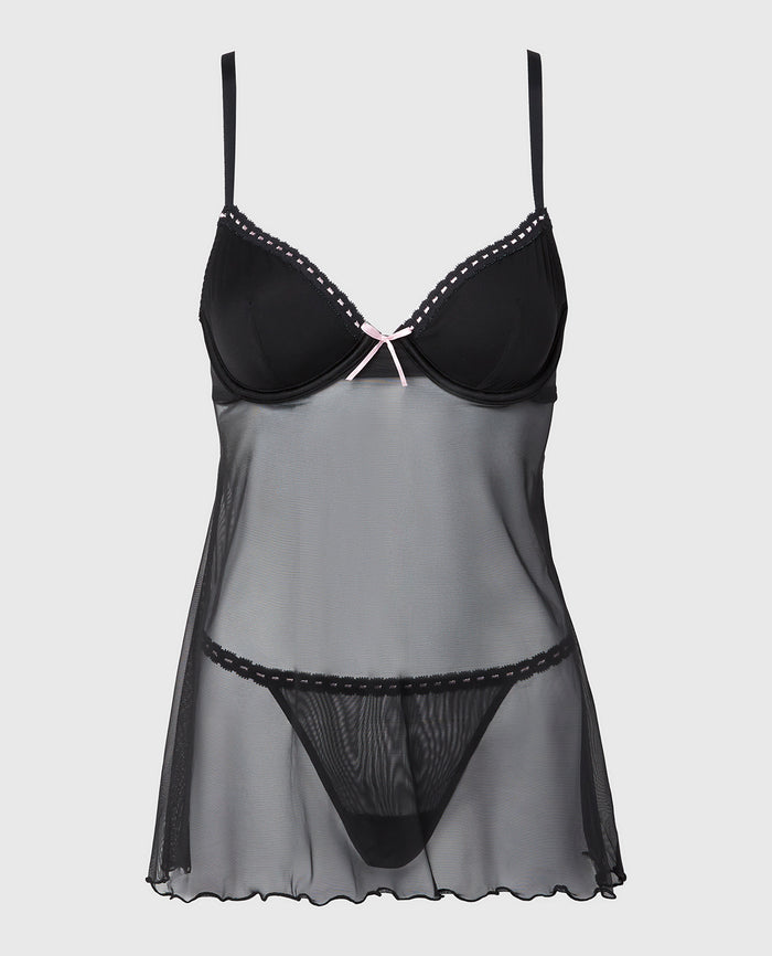 Unlined Demi Mesh Babydoll with Ribbon Detailing in Tuxedo Black