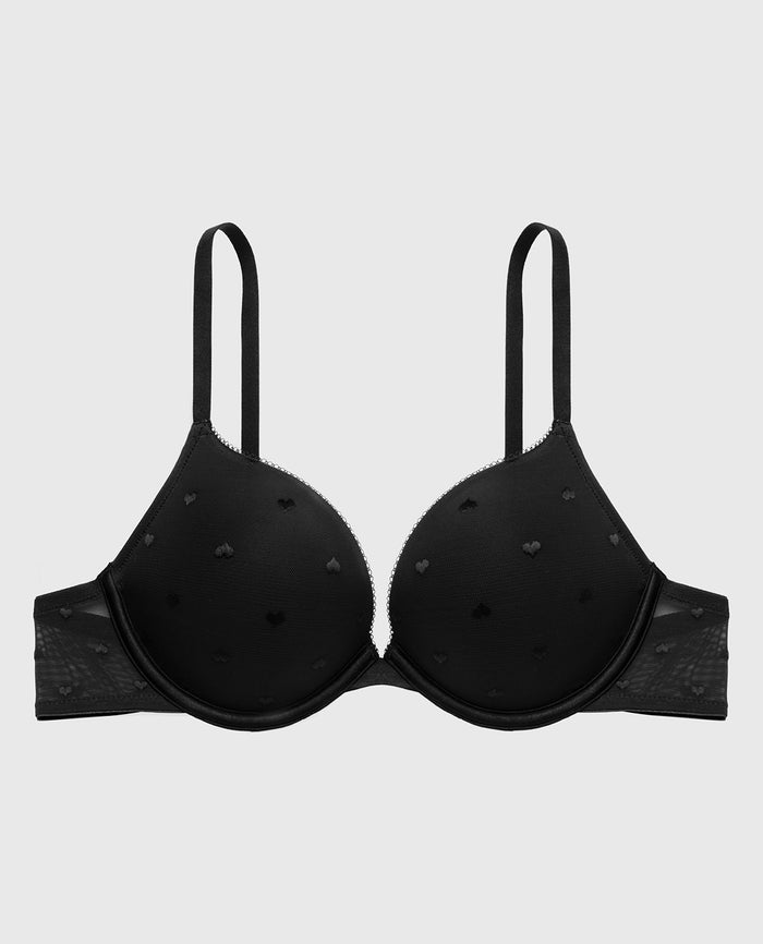 Up 2 Cup Plunge Bra with Heart Mesh in Tuxedo Black