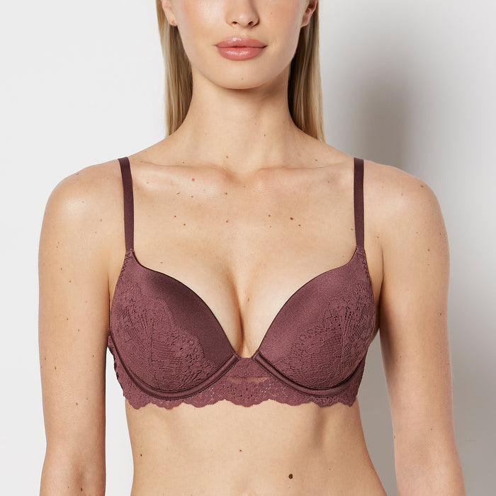Up 2 Cup Plunge Bra with Timeless Lace Up Detail in Plum Wine