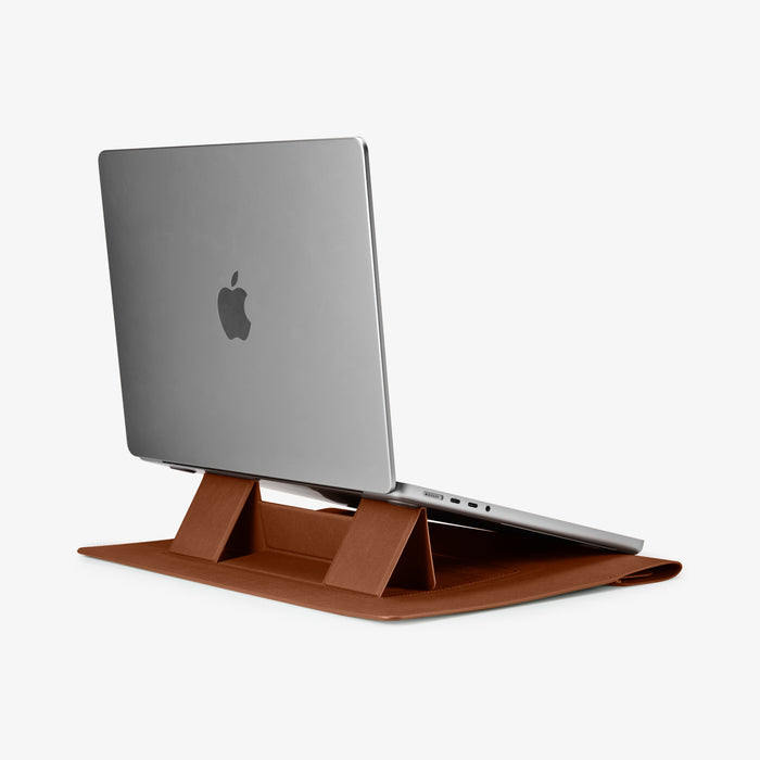 AFA06422 - Spigen Valentinus MacBook Sleeve built in stand supporting laptop at elevated typing angle