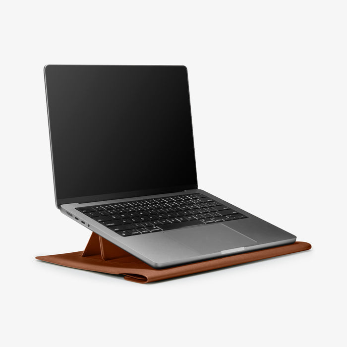 AFA06422 - Spigen Valentinus MacBook Sleeve ergonomic stand position with MacBook open for comfortable typing